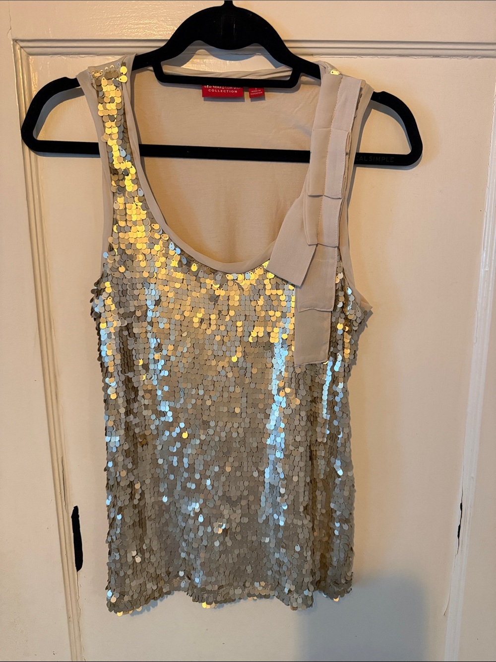 Sequined Tank Top with Bow Accent - Champagne